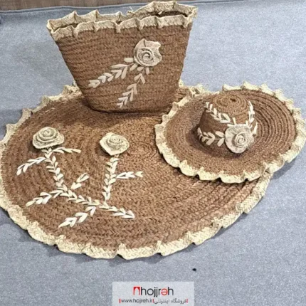 خرید و قیمت ست سه عددی کلاه ساک و سفره حصیری قهوه ای گل دار کد SNV159 از حجره